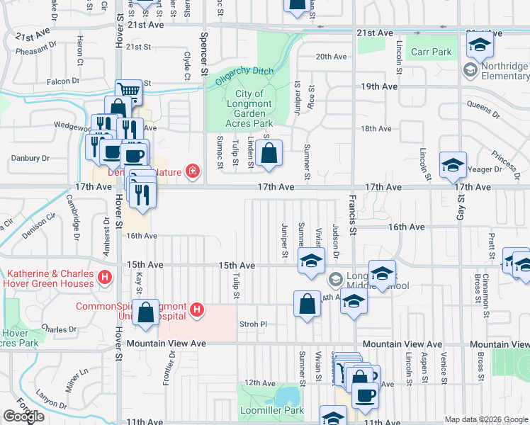 map of restaurants, bars, coffee shops, grocery stores, and more near 1640 Sunset Street in Longmont
