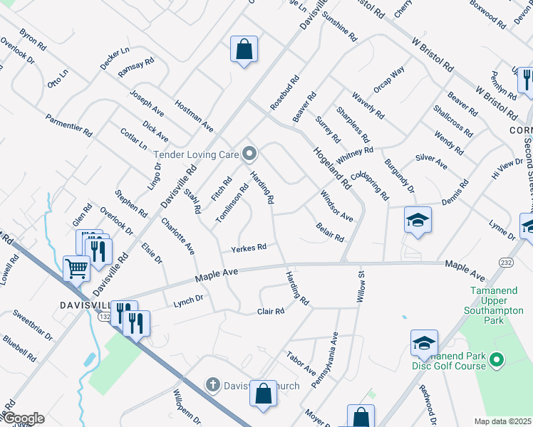 map of restaurants, bars, coffee shops, grocery stores, and more near 170 Harding Road in Southampton