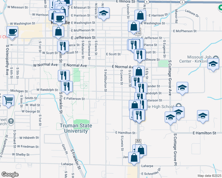 map of restaurants, bars, coffee shops, grocery stores, and more near 716 East Line Street in Kirksville