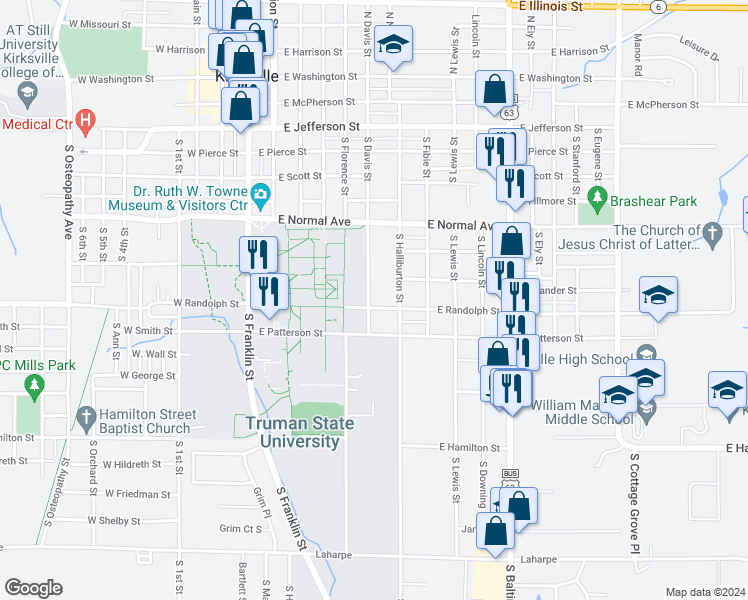 map of restaurants, bars, coffee shops, grocery stores, and more near 728-1098 S Davis St in Kirksville