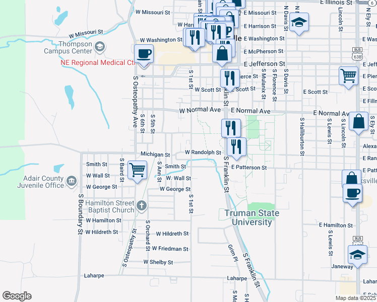 map of restaurants, bars, coffee shops, grocery stores, and more near 915 South 1st Street in Kirksville
