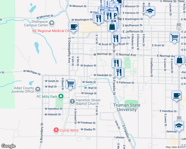 map of restaurants, bars, coffee shops, grocery stores, and more near 917 South Riggen Street in Kirksville