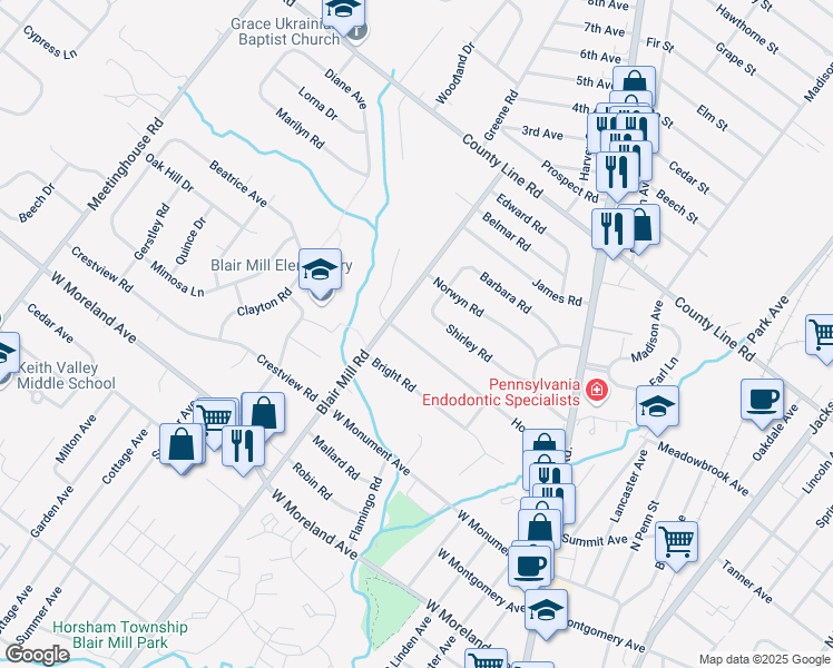 map of restaurants, bars, coffee shops, grocery stores, and more near 54 Home Road in Hatboro