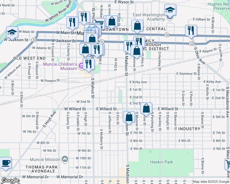 map of restaurants, bars, coffee shops, grocery stores, and more near 803 South Elm Street in Muncie