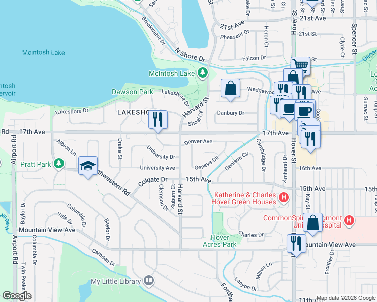 map of restaurants, bars, coffee shops, grocery stores, and more near 1696 Geneva Circle in Longmont