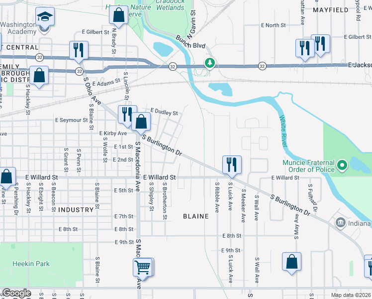map of restaurants, bars, coffee shops, grocery stores, and more near 916 South Burlington Drive in Muncie