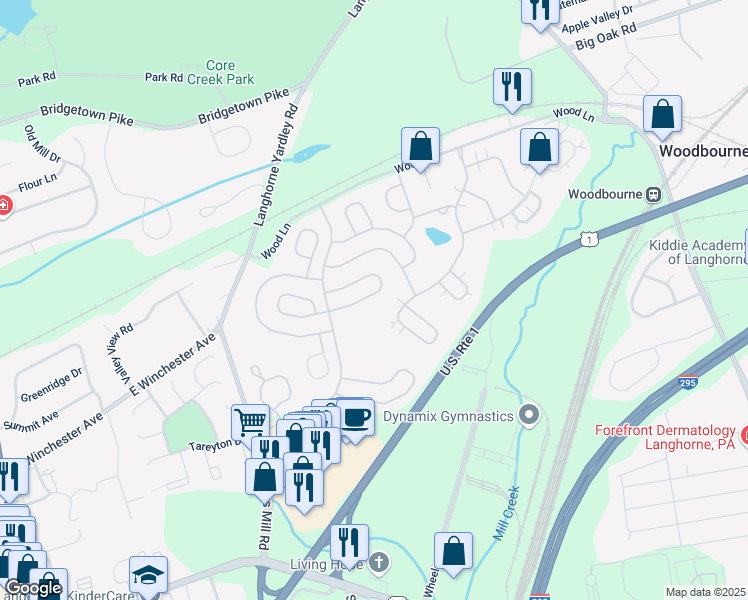 map of restaurants, bars, coffee shops, grocery stores, and more near 48 Lady Slipper Lane in Langhorne