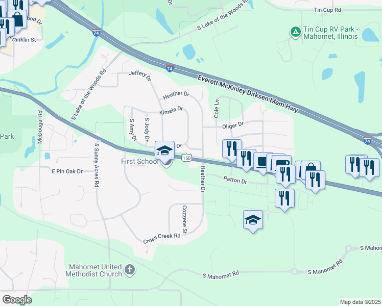 map of restaurants, bars, coffee shops, grocery stores, and more near 1504 East Amy Drive in Mahomet