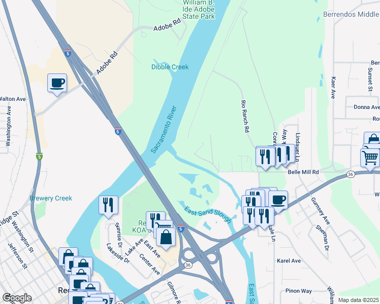 map of restaurants, bars, coffee shops, grocery stores, and more near 197 White Road in Red Bluff