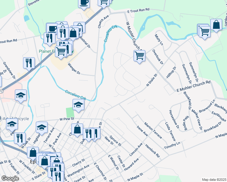 map of restaurants, bars, coffee shops, grocery stores, and more near 55 Silver Maple Circle in Ephrata