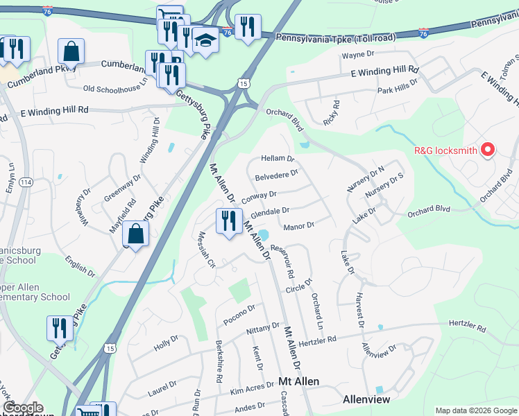 map of restaurants, bars, coffee shops, grocery stores, and more near 1 Hellam Drive in Mechanicsburg