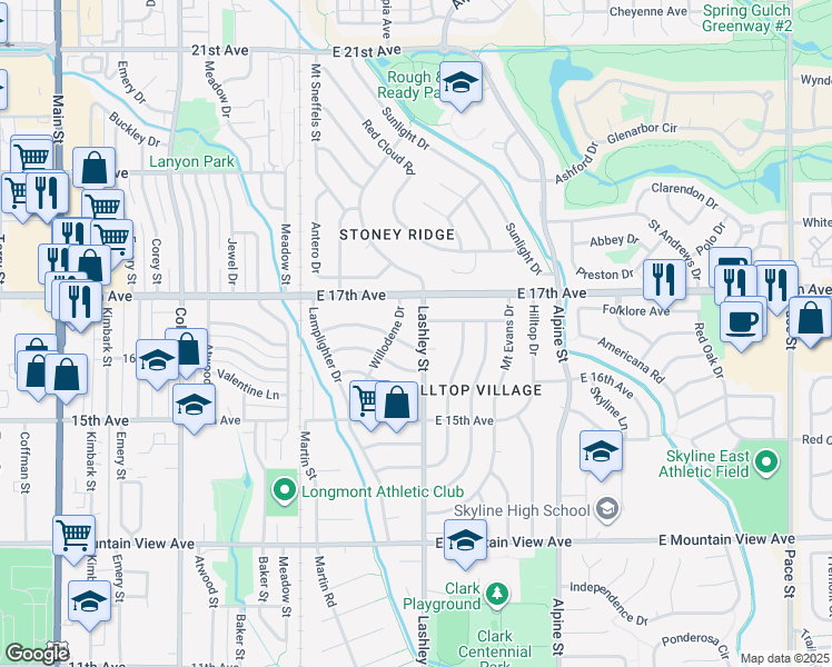 map of restaurants, bars, coffee shops, grocery stores, and more near 1609 Lashley Street in Longmont