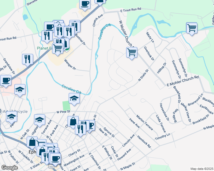 map of restaurants, bars, coffee shops, grocery stores, and more near 55 Silver Maple Circle in Ephrata