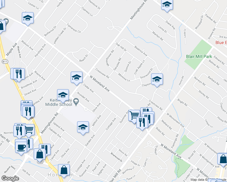 map of restaurants, bars, coffee shops, grocery stores, and more near 214 West Moreland Avenue in Hatboro