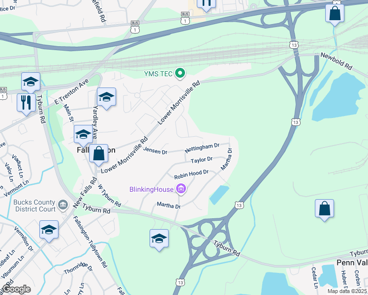 map of restaurants, bars, coffee shops, grocery stores, and more near 28 Jensen Drive in Levittown