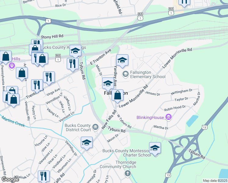 map of restaurants, bars, coffee shops, grocery stores, and more near 15 Old Locust Avenue in Levittown