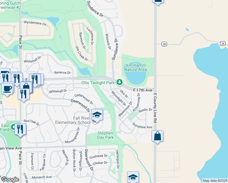 map of restaurants, bars, coffee shops, grocery stores, and more near 1538 Moonlight Drive in Longmont