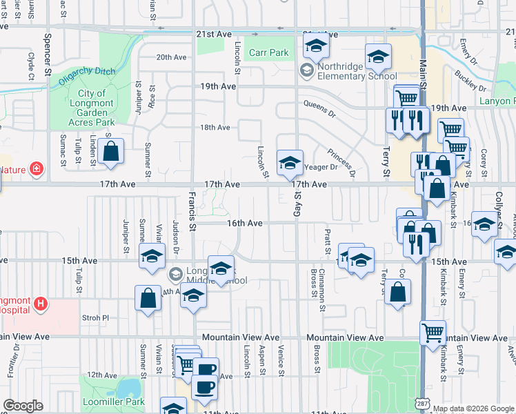 map of restaurants, bars, coffee shops, grocery stores, and more near 1647 Bowen Street in Longmont