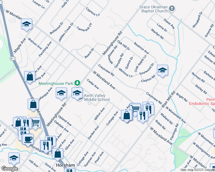 map of restaurants, bars, coffee shops, grocery stores, and more near 221 West Moreland Avenue in Hatboro
