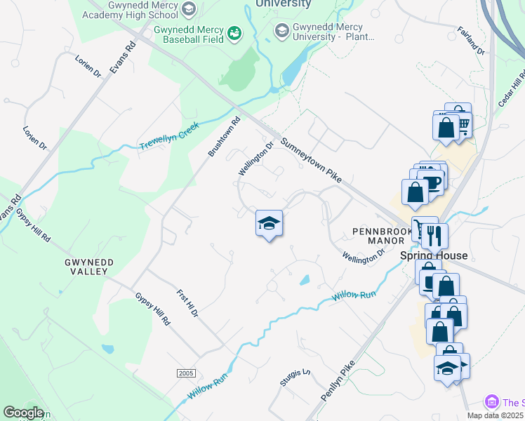 map of restaurants, bars, coffee shops, grocery stores, and more near 110 Cypress Drive in Spring House