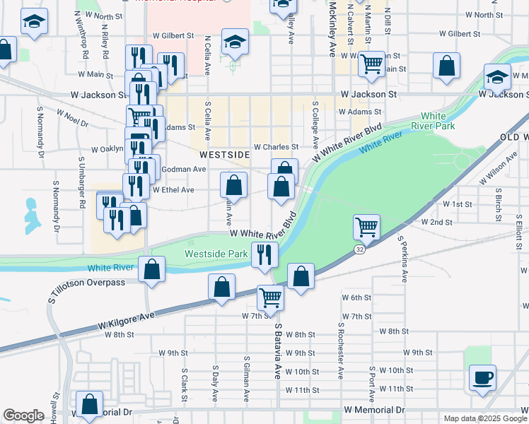 map of restaurants, bars, coffee shops, grocery stores, and more near 717 South Nichols Avenue in Muncie