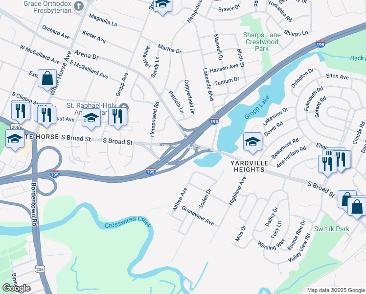 map of restaurants, bars, coffee shops, grocery stores, and more near Interstate 195 in Hamilton Township