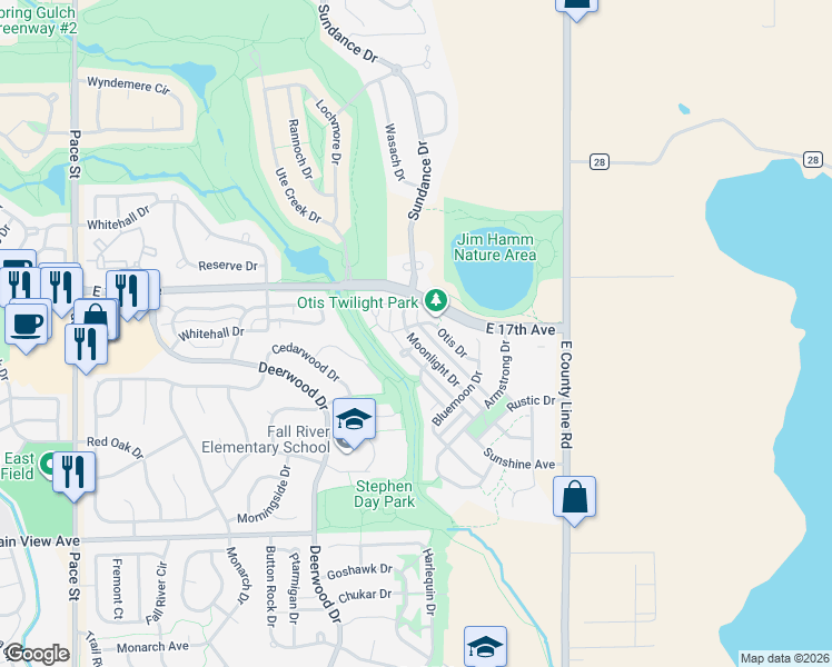 map of restaurants, bars, coffee shops, grocery stores, and more near 1538 Moonlight Drive in Longmont