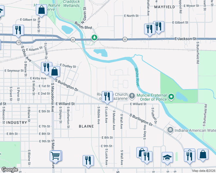 map of restaurants, bars, coffee shops, grocery stores, and more near 1-35 West Drive in Muncie