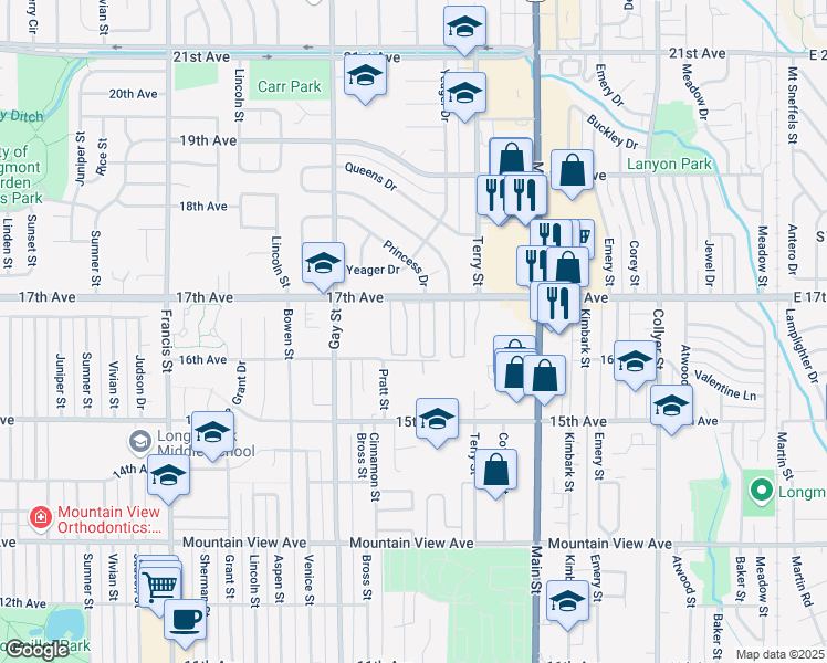map of restaurants, bars, coffee shops, grocery stores, and more near 951 17th Avenue in Longmont