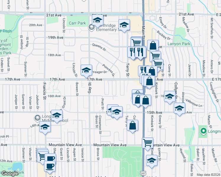map of restaurants, bars, coffee shops, grocery stores, and more near 819 17th Avenue in Longmont