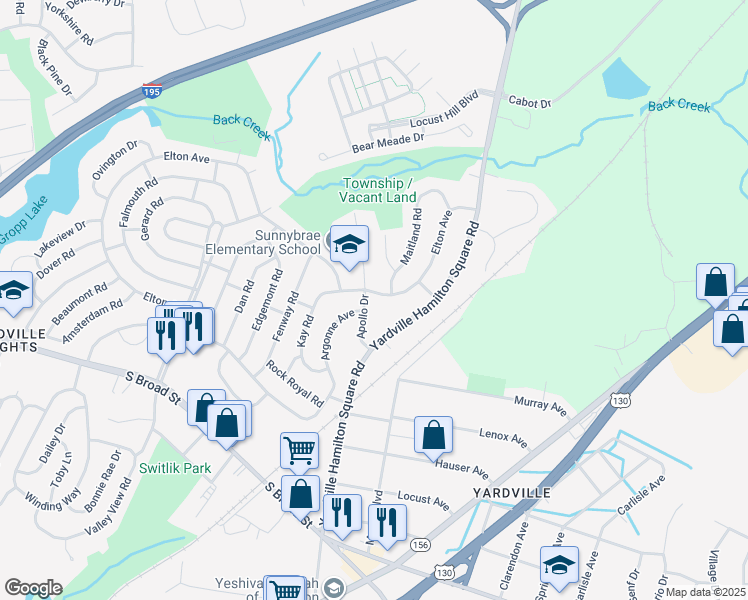 map of restaurants, bars, coffee shops, grocery stores, and more near 22 Apollo Drive in Hamilton Township
