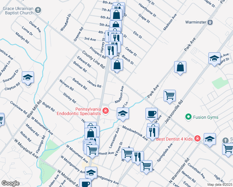 map of restaurants, bars, coffee shops, grocery stores, and more near 20 Hunters Way in Hatboro