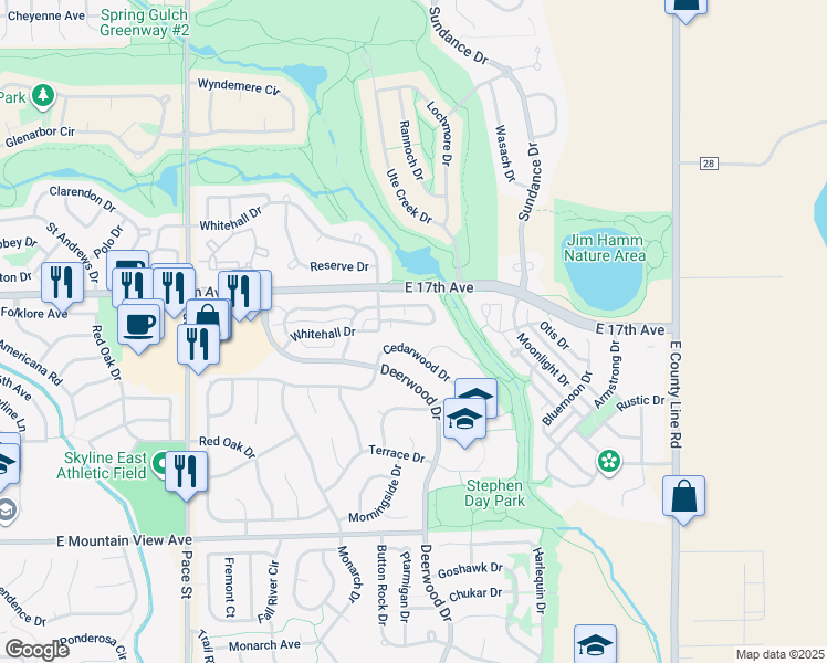 map of restaurants, bars, coffee shops, grocery stores, and more near 1426 Whitehall Drive in Longmont