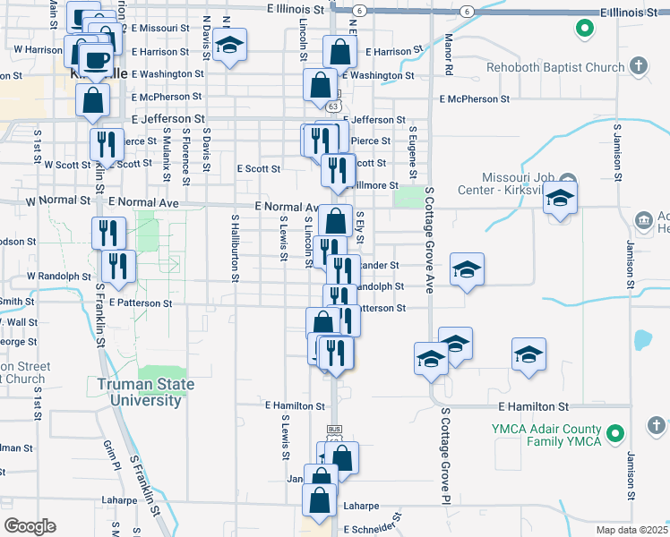 map of restaurants, bars, coffee shops, grocery stores, and more near 1002 S Baltimore St in Kirksville