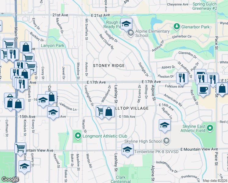 map of restaurants, bars, coffee shops, grocery stores, and more near 1627 Lashley Street in Longmont