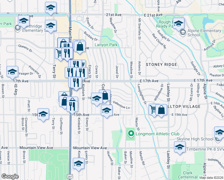 map of restaurants, bars, coffee shops, grocery stores, and more near 124 Anniversary Lane in Longmont