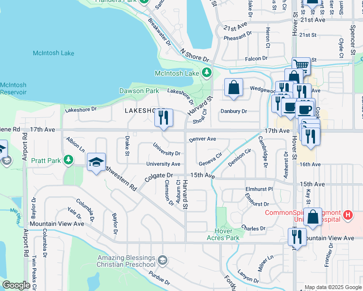 map of restaurants, bars, coffee shops, grocery stores, and more near 1629 Harvard Street in Longmont
