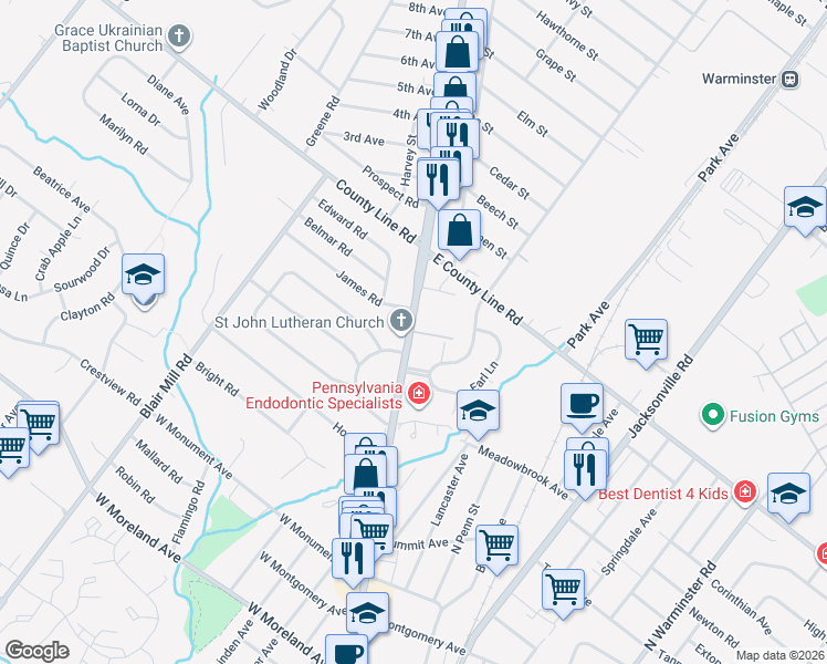 map of restaurants, bars, coffee shops, grocery stores, and more near 550 North York Road in Hatboro