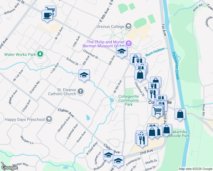 map of restaurants, bars, coffee shops, grocery stores, and more near 114 Revere Court in Collegeville