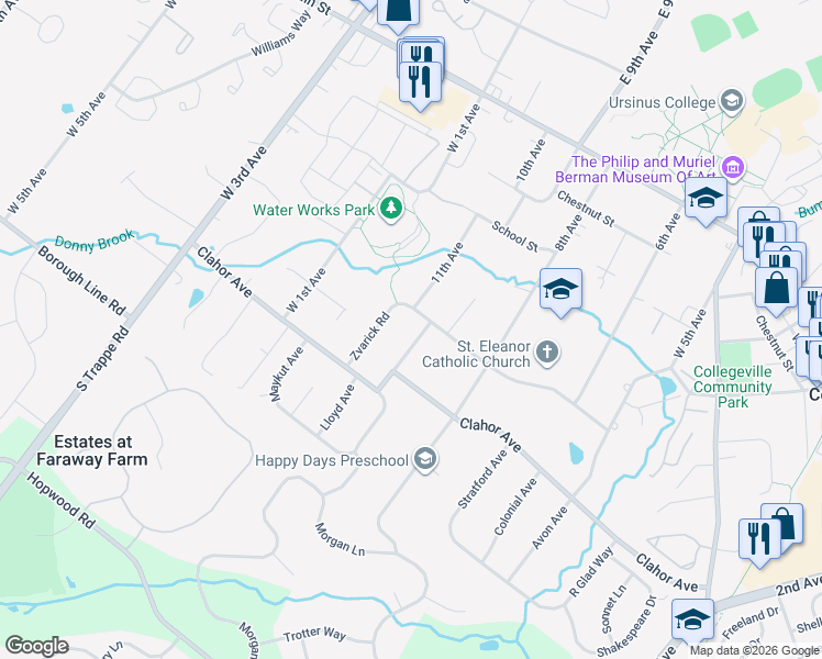 map of restaurants, bars, coffee shops, grocery stores, and more near 254 Zvarick Road in Collegeville