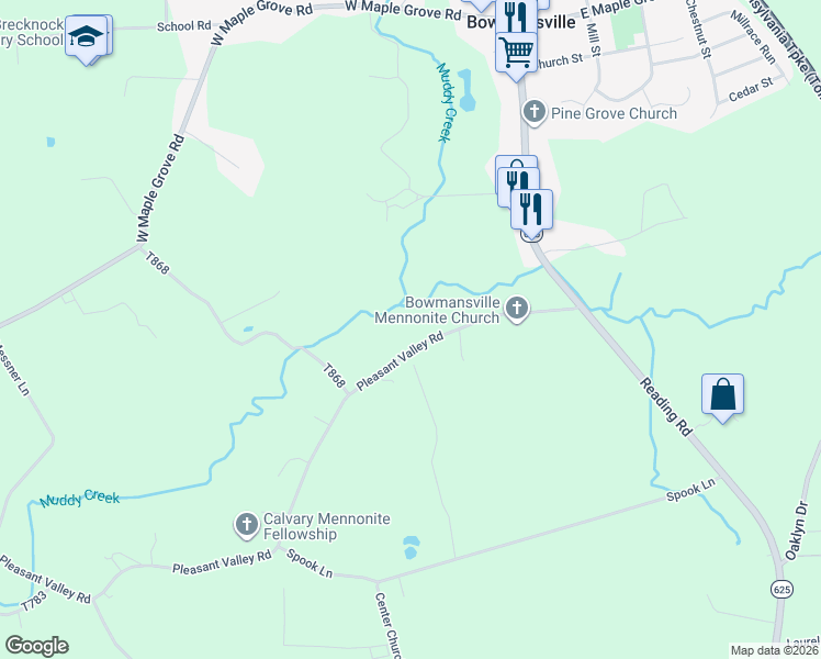 map of restaurants, bars, coffee shops, grocery stores, and more near 168 Pleasant Valley Road in East Earl