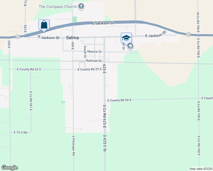 map of restaurants, bars, coffee shops, grocery stores, and more near 605 South Albany Street in Selma