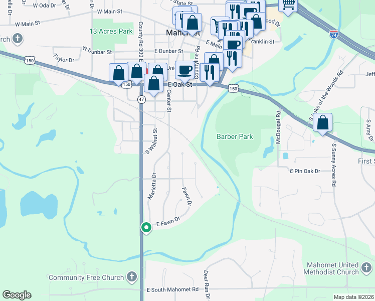 map of restaurants, bars, coffee shops, grocery stores, and more near 900 South Fawn Drive in Mahomet