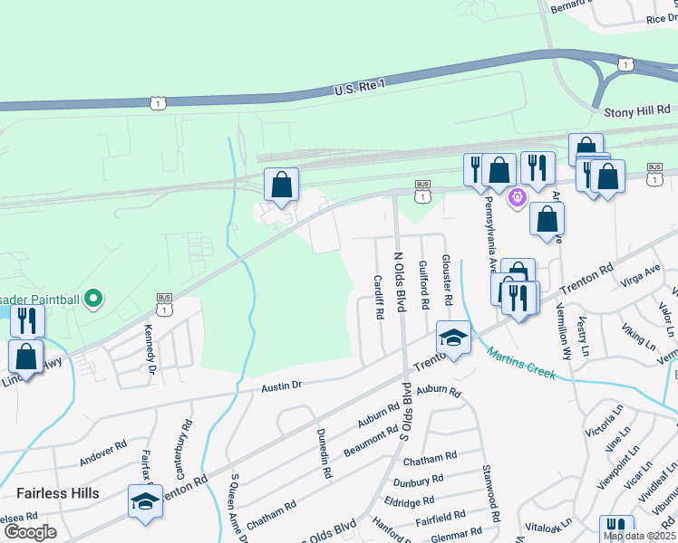 map of restaurants, bars, coffee shops, grocery stores, and more near 301 Wilson Drive in Fairless Hills