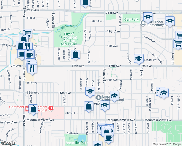 map of restaurants, bars, coffee shops, grocery stores, and more near 1642 Vivian Street in Longmont