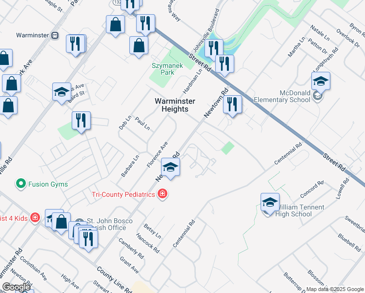 map of restaurants, bars, coffee shops, grocery stores, and more near 365 Newtown Road in Warminster