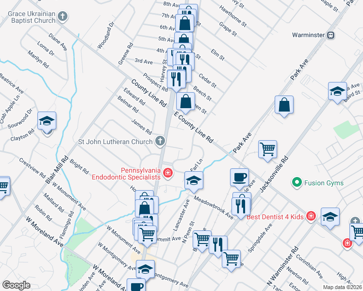 map of restaurants, bars, coffee shops, grocery stores, and more near 550 North York Road in Hatboro
