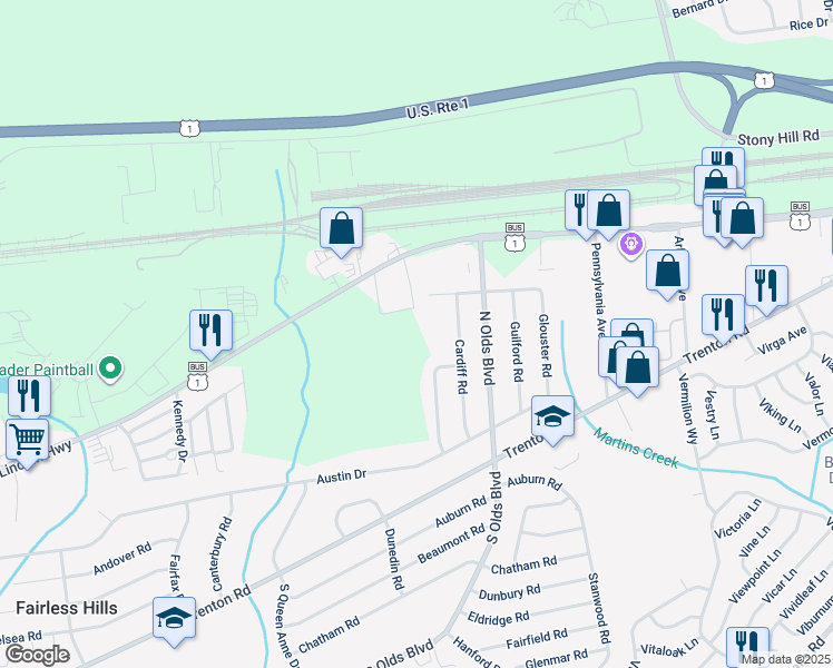 map of restaurants, bars, coffee shops, grocery stores, and more near 303 Wilson Drive in Fairless Hills