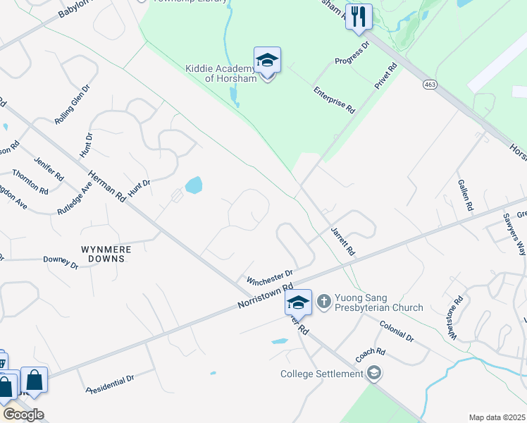 map of restaurants, bars, coffee shops, grocery stores, and more near 71 Wynmere Drive in Horsham
