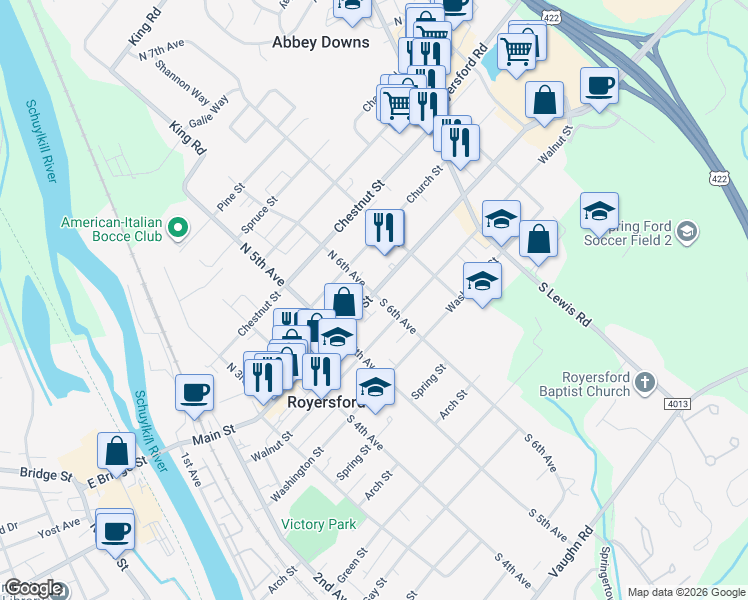 map of restaurants, bars, coffee shops, grocery stores, and more near 600 Main Street in Royersford
